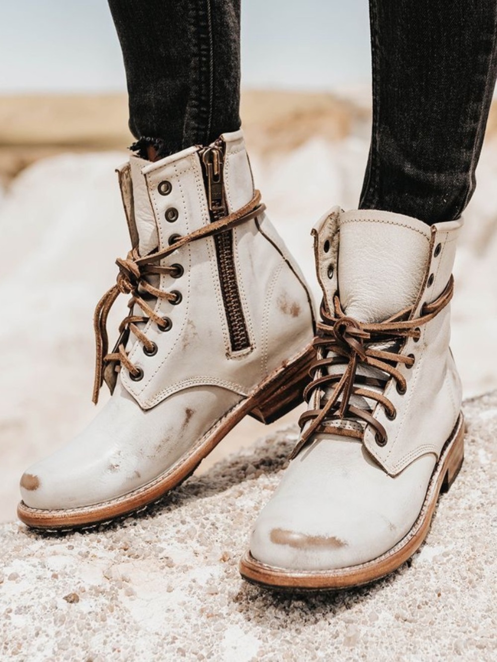 Freebird Manchester Distressed Lace Up Combat Boots in Taupe Size US 7